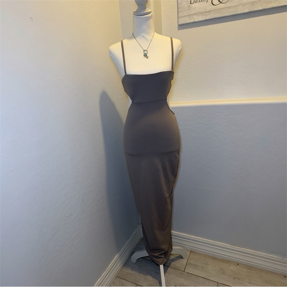 Taupe Cut Out Maxi Dress Adjustable Straps Bodycon Minimalist - Picture 5 of 5